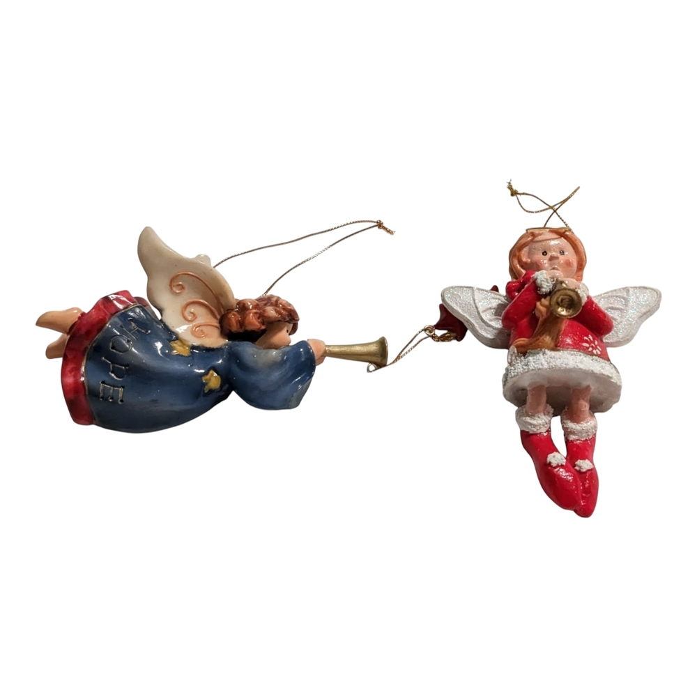 Festive Angel Ornaments - Blue and Red Ceramic . 2 Pieces . Euc